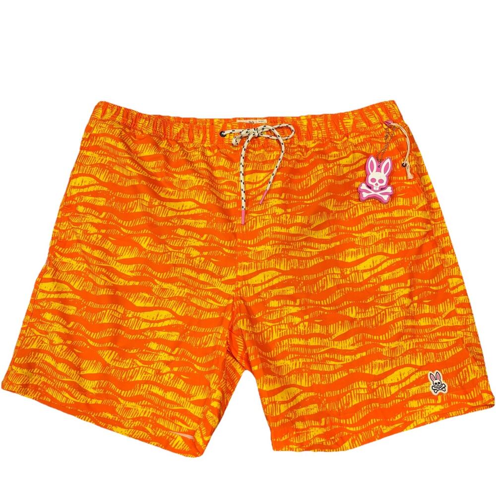 Psycho Bunny Neon Orange & Yellow Wavy XXXL Mischief Swim Trunks Lined NWOT 3XL